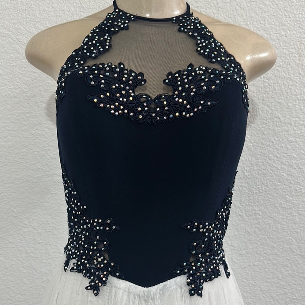 Elegant Navy and White Halter Dress